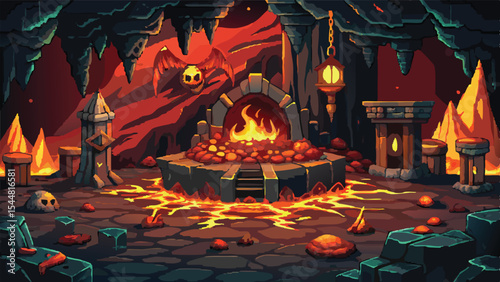 Pixel Art Fantasy Dragon’s Lair Background – Lava Cave Scene with Dragon Treasure in Retro RPG Pixel Style