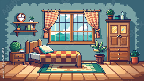 Pixel Art Cozy Cottage Bedroom Interior Background – Fantasy Room View in Retro Pixel Style