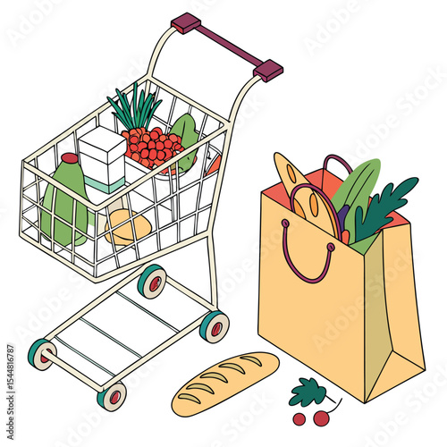 Grocery Shopping  A Colorful Illustration of Cart and Bag Filled with Fresh Produce and Dairy