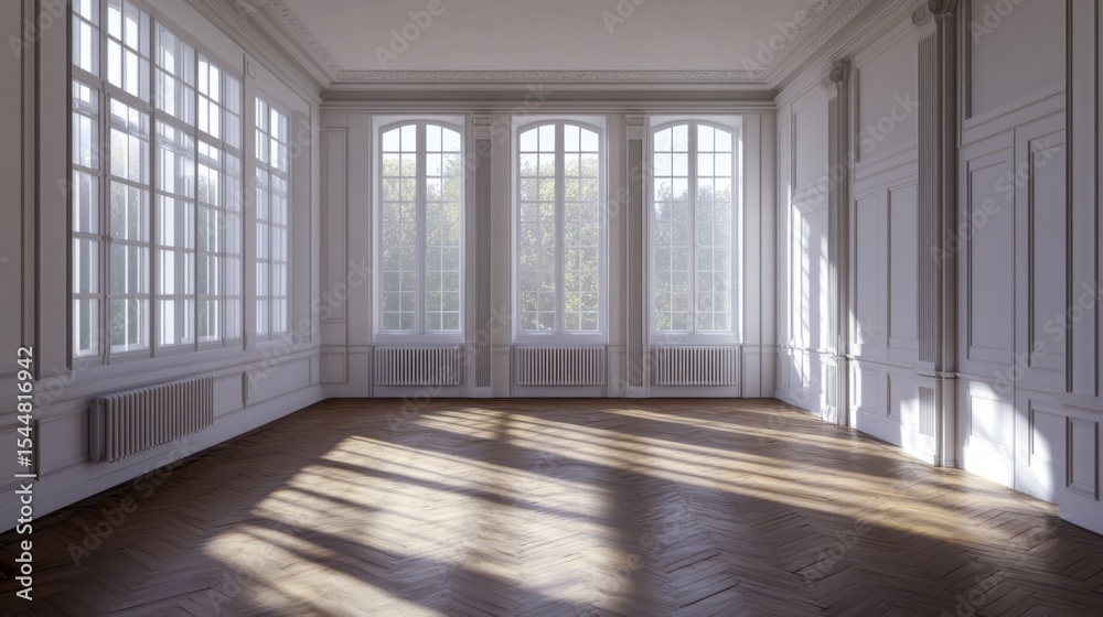 Fototapeta premium Sunlit Empty Room with Large Windows and Wood Floors