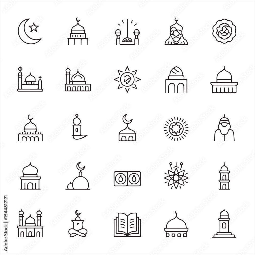 Fototapeta premium Ramadan Prayer & Forgiveness Icons Crescent, Quran & Worship Symbols