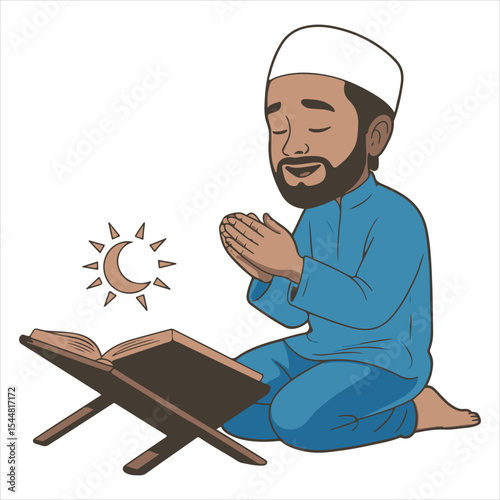 Muslim Man Praying and Asking for Forgiveness with Quran Islamic Vector Illustration