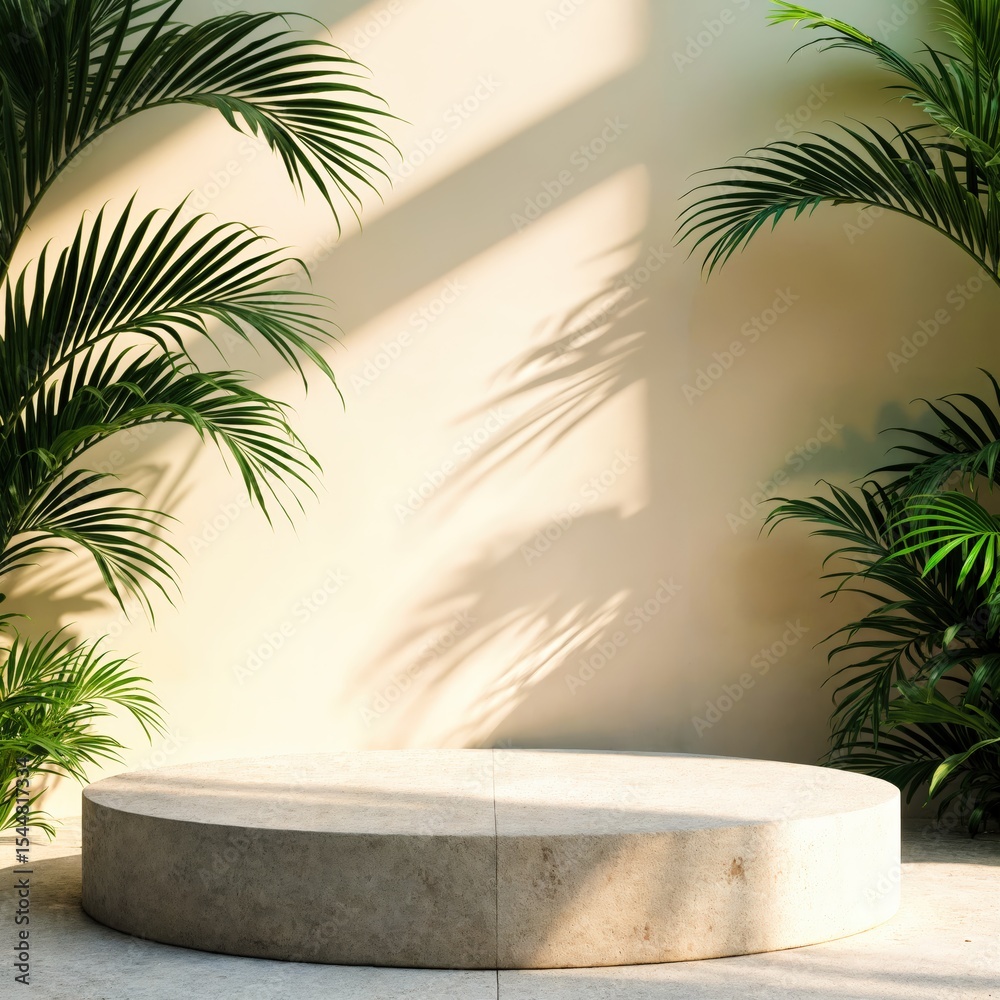 Fototapeta premium Sunlit Stone Pedestal and Palm Silhouette