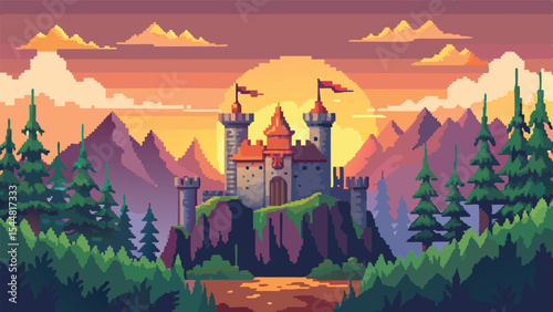 Pixel Art Medieval Castle Background – Fantasy Fortress View in Retro Pixel Style