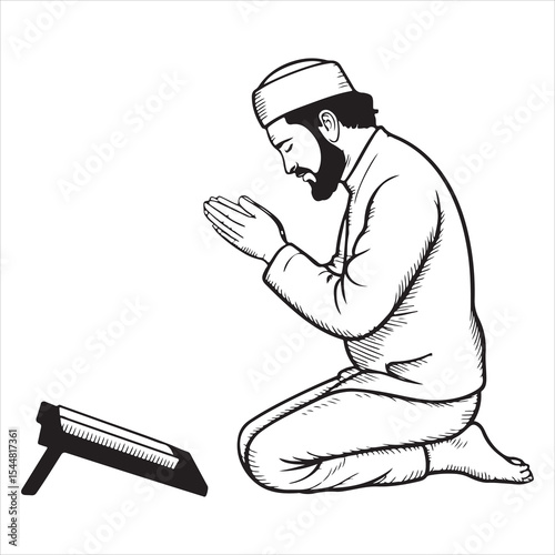 Muslim Man Kneeling in Prayer Monochrome Islamic Forgiveness Scene