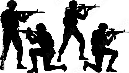 Silhouetted soldiers in combat poses — rifle ready, walking, kneeling — five in total, black shapes over a pure white background, minimalist military illustration, symbolic 2D design, centered composi
