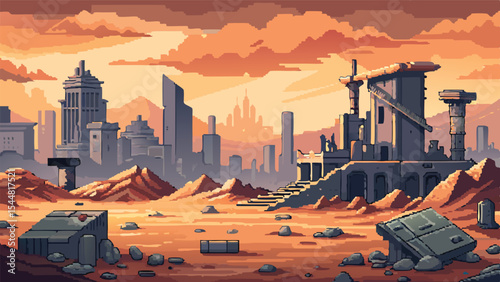 Pixel Art Ruined City Background – Post-Apocalyptic Urban Scene in Retro Pixel Style