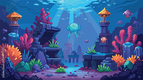 Pixel Art Underwater Background – Deep Ocean Fantasy Scene in Retro Game Pixel Style