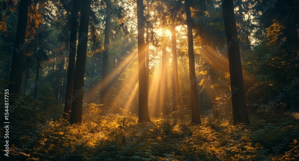Obraz premium Morning sun rays penetrate the fog in a misty green forest of Osnabruck, Germany
