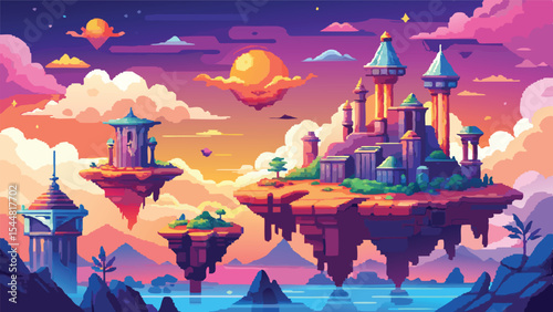 Pixel Art Fantasy Sky Background with Floating Islands – Dreamy Floating Landscape Scene