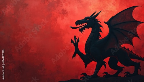 Welsh dragon silhouette against red textured background. Dragon symbol of Wales. Illustration represents powerful, historic, mythical, legendary fantasy themes. Design uses space for text, design