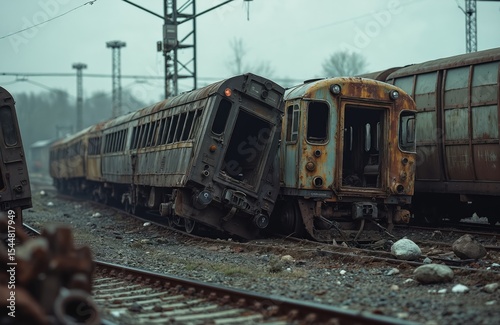 Train cars wrecked in yard after massive accident. Derailment, collision. Damaged carriages on railway track. Catastrophe shows severe destruction. Disaster aftermath., industrial post-apocalyptic