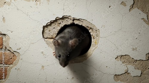 Gray Rat Emerging From Hole In Old Cracked Beige Wall With Brown Brick