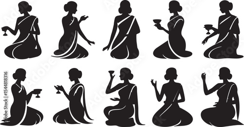 Ten silhouettes of women in traditional indian saris