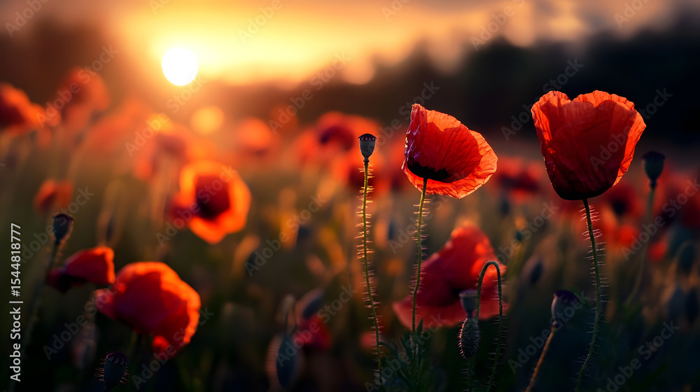 Obraz premium A stunning view of wild poppies swaying in the breeze, their red petals bright against the soft green of the grass, with the sun beginning to set on the horizon.