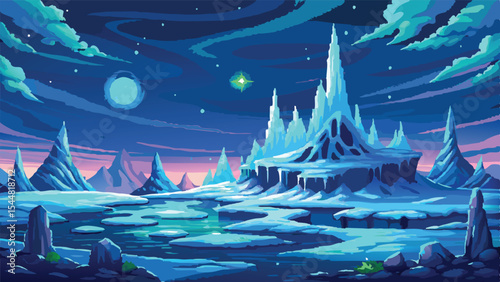 Pixel Art Fantasy Arctic Tundra Background – Frozen Ice Land View in Pixel Game Style