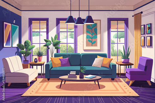 modern living room with neutral tones and clean lines vector ideal for interior design, architecture, or home decor inspiration projects