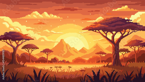 Pixel Art Savannah Africa Background – Wild Grassland Landscape in Pixel Game