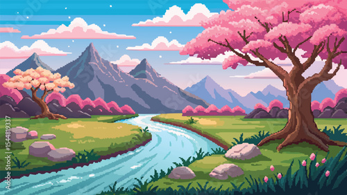 Pixel Art Spring Mountain Landscape – Blooming Cherry Blossom View in Retro Pixel Game Background