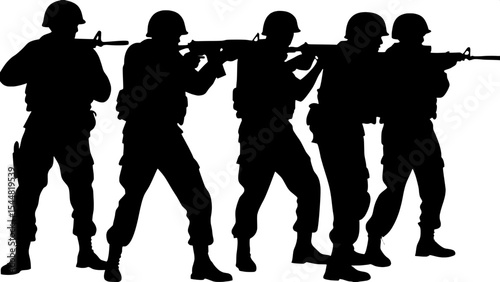 "Horizontal lineup of five soldier silhouettes, all in unique combat stances, wearing standard military gear and helmets, stark contrast between solid black figures and blank white background, clean m