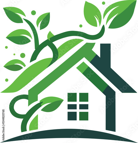 A stylized green house intertwined with vibrant green leaves and vines symbolizing eco friendliness sustainability and harmony with nature