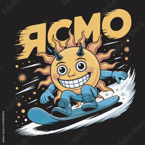 Smiling Sun Character Snowboarding Downhill Fast Yellow Orange Blue Cartoon Illustration vector