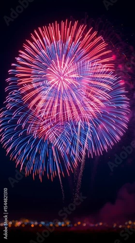 Scenic 4th of July Fireworks in Red, White, and Blue – Glowing Festive Celebration