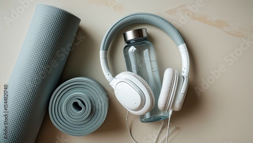 Rolled yoga mat with headphones and water bottle on a light colored surface overhead view flat lay