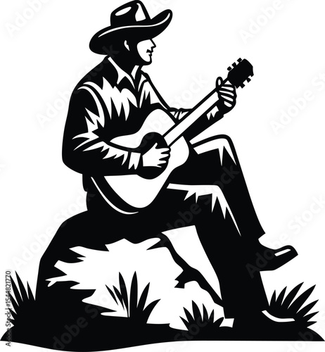 A stylized black and white illustration of a cowboy seated on a rock, playing an acoustic guitar.