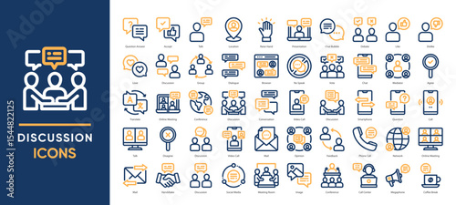 50 discussion-themed icons featuring meetings, chats, calls, opinions, and collaboration. Ideal for presentations, forums, video calls, teamwork, and communication platforms.
