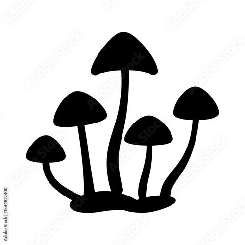 Silhouette of a cluster of mushrooms with various sizes and shapes on white