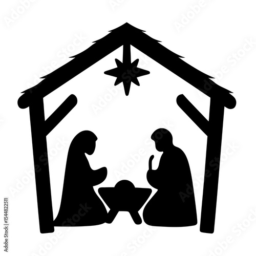 Nativity scene illustration in black silhouette with Mary, Joseph and Jesus