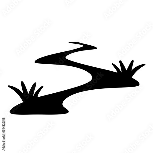 Black winding path with grass on either side, minimalist vector illustration