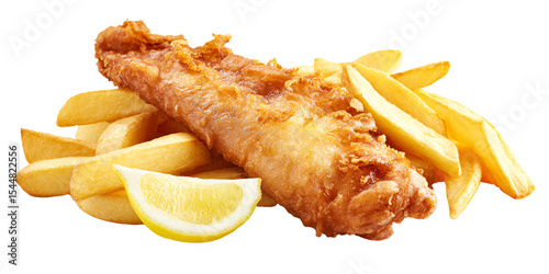Crispy battered fish and chips with lemon wedge, a classic takeaway meal Concept of comfort food, fast food, and British cuisine