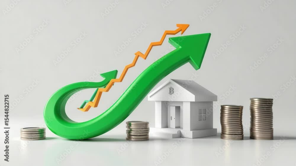 A large upward green arrow with coin stacks and a miniature house symbolizes financial growth and real estate investment.