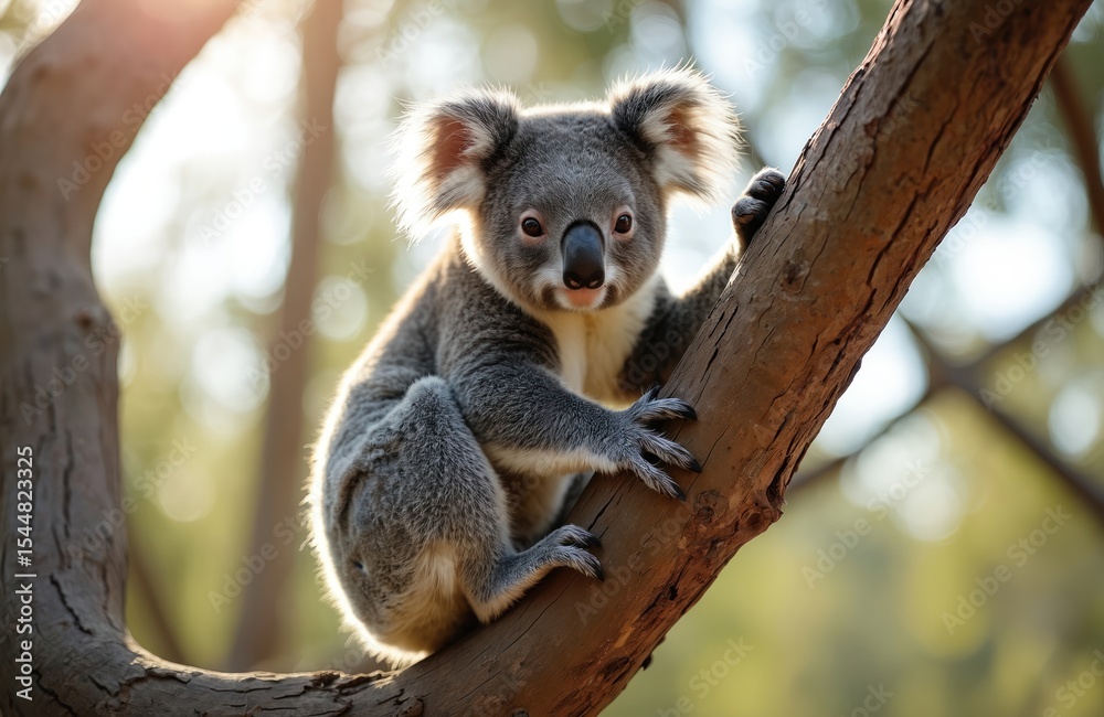 Naklejka premium Adorable koala sits on tree branch looking down. Native marsupial animal in natural habitat. Cute koala bear relaxing on the tree, wildlife in Australian nature. Sunny day, freedom.