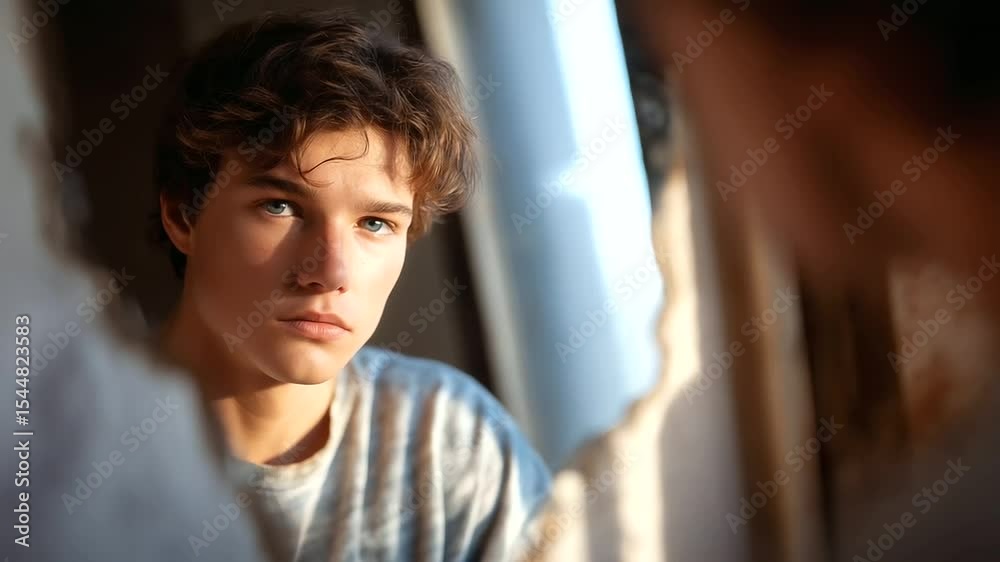 A young man's moment of regret in a prison cell with a mirror A young man's moment of regret in a prison cell with a mirror