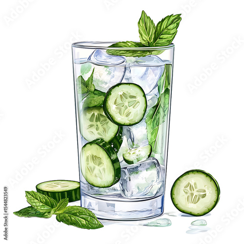 Refreshing Cucumber and Mint Infused Water with Ice Cubes