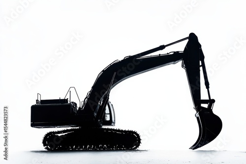 Striking silhouette of a powerful excavator ready for action against white in white background. Generative Ai