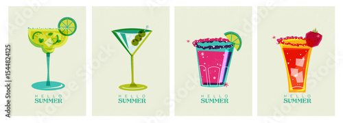 hello summer posters with colorful coctails - retro vibe