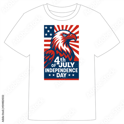 A white T-shirt with a striking Independence Day design featuring an eagle with spread wings, red and blue sunburst background, and "Independence Day USA" text in bold colors.
