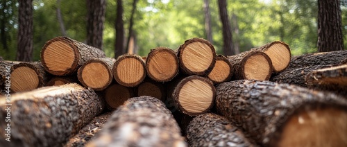 Log trunks accumulate in the wood industry of the logging timber forest