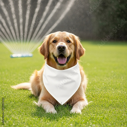 Smiling Golden Retriever Dog Wearing a Blank White Bandana Lying on Green Grass with a Sprinkler in the Background Pet Apparel Mockup and Summer Fun