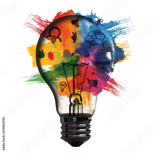 Creative light bulb design with colorful paint splashes and various icons representing ideas and innovation
