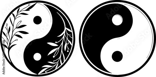 Yin Yang Symbol with Botanical Elements and Classic Version