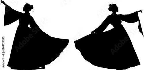 Traditional Asian Dance Silhouettes - Graceful Performers in Flowing Robes