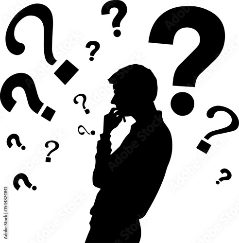 Pondering Person Silhouette with Question Marks - Thinking and Uncertainty Concept