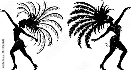 Carnival Showgirl Dancers Silhouettes - Feathered Headdress and Samba Performance