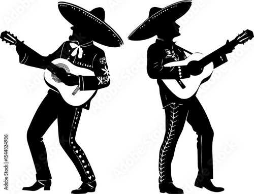 Mariachi Guitar Players Silhouettes - Traditional Mexican Music Performers