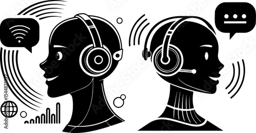 AI Customer Service and Audio Communication Profiles - Headsets & Tech Icons